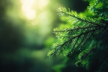Close-up of vibrant green pine tree branches sunlight softly filtering through foliage