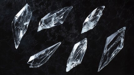 99.A set of glass shards in mid-air, with sharp edges and jagged surfaces reflecting light, each fragment appearing transparent and floating against a dark, textured background, simulating a glass