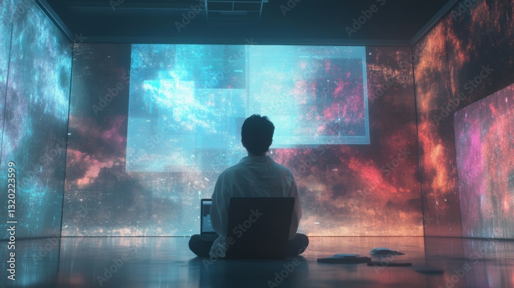 Poster student engages with ai driven virtual learning environment while seated with laptop in a modern spa