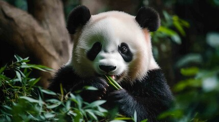 Giant panda eating bamboo in a lush green forest generative ai