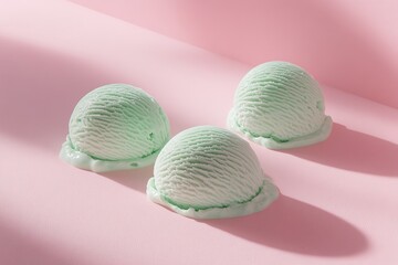 Three scoops of refreshing mint ice cream on a pastel pink backdrop bathed in sunlight