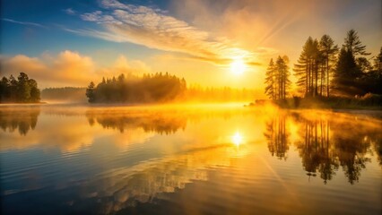 Obraz premium Golden sunrise breaking through morning fog over a serene lake, landscape, sunrise, landscape, sunrise