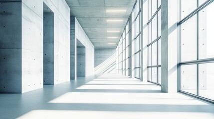 Obraz premium Modern concrete hall with glowing windows, embodying simplicity and clean minimalism in architectural design. 