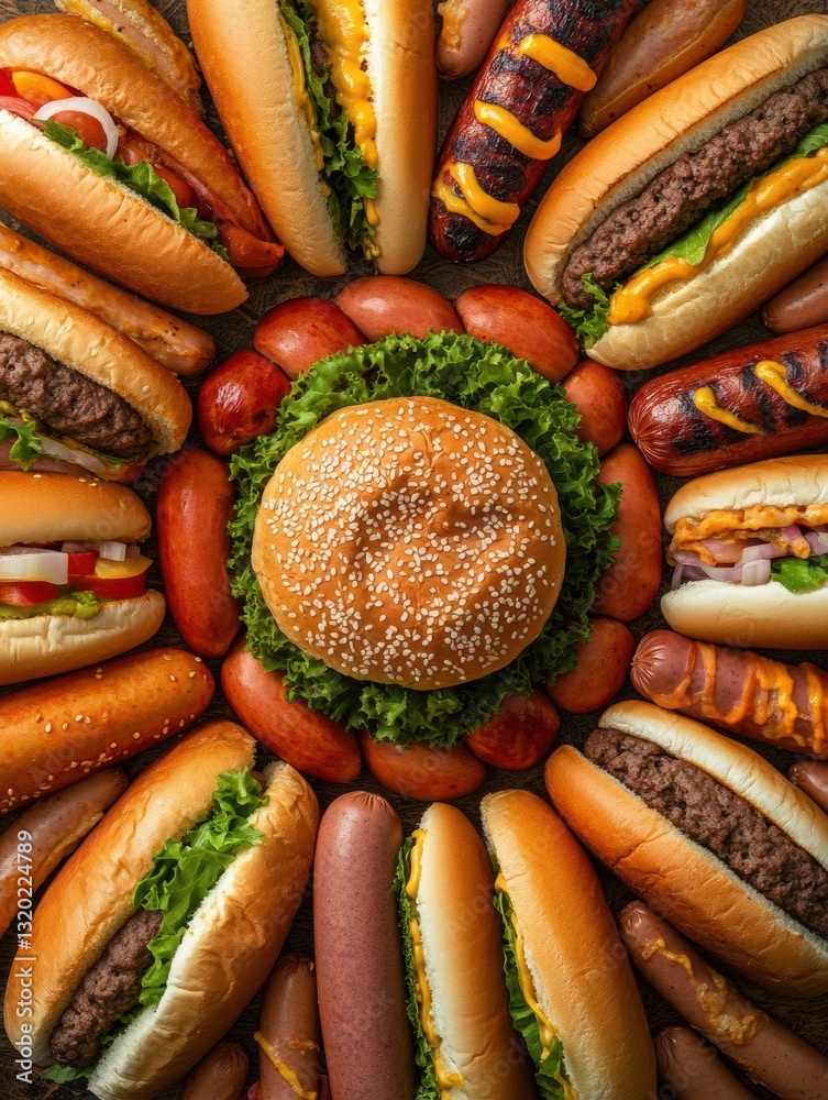 Poster creative arrangement of burgers and hot dogs in a spiral pattern with a space for text, highlighting