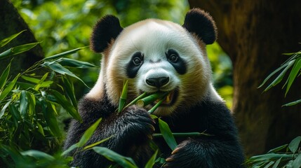 Fototapeta premium Giant panda eating bamboo in a lush green forest generative ai