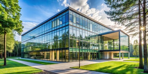 Obraz premium Modern university building with sleek glass walls, surrounded by lush greenery and tall trees, showcasing a sense of serenity and academic excellence , landscape, serene