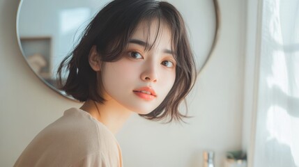 119.A minimalist bathroom interior with a round mirror above a light wooden vanity, clean lines and modern chrome faucets, and warm lighting that reflects softly off the neutral walls, creating a