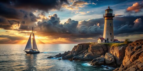 A majestic lighthouse stands tall on a rocky coastline, its beam illuminating the darkening sky as a sailboat navigates through the peaceful waters below, boat, calm