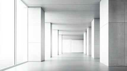 Fototapeta premium Modern concrete hall with glowing windows, embodying simplicity and clean minimalism in architectural design. 