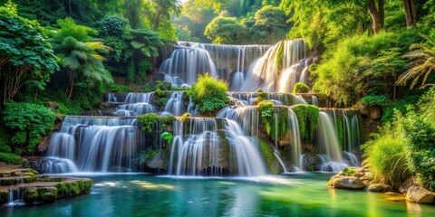 Obraz premium Waterfalls cascading through lush green vegetation in a picturesque setting, picturesque landscape, elegant water feature