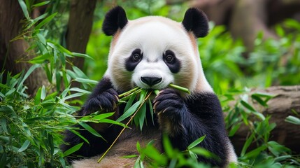Fototapeta premium Giant panda eating bamboo in a lush green forest generative ai