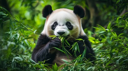 Obraz premium Giant panda eating bamboo in a lush green forest generative ai