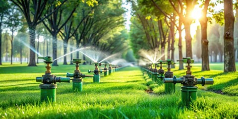 Green lush grass and trees surrounded by a network of pipes and valves under an automatic sprinkler system watering schedule , equipment, gardening