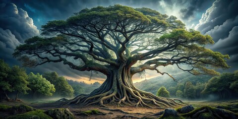 Ancient Norse tree standing majestically against a darkening sky with twisted branches and roots stretching out like gnarled fingers, Forest, Darkening sky