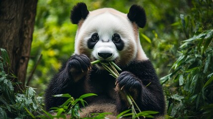 Obraz premium Giant panda eating bamboo in a lush green forest generative ai