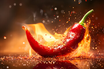 Red chili pepper Front view of hot peppers on a background. Red hot pepper fly top pepper. With flame path, for ads and foods.