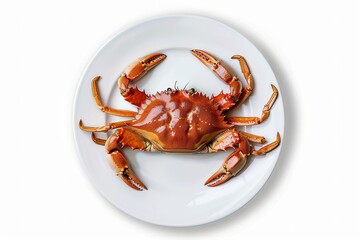 Cooked crab on white plate with claws extended ready to be served for dinner