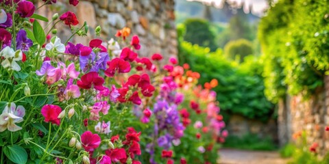 Colorful sweet pea blossoms in a lush garden with a natural stone wall and overgrown vines, surrounded by greenery and vibrant flowers , overgrown vines, garden wall