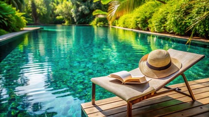 Obraz premium A sun hat placed on a lounge chair beside a pool filled with crystal clear water and surrounded by lush greenery, book