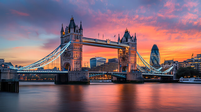 Tower Bridge at Sunset: Iconic London's Tower Bridge illuminated against the backdrop of a breathtaking sunset sky, reflecting in the calm waters below.