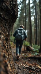Hiker With A Backpack And Trekking Pole Walks Through A Forest, Seen From Behind, With A Large Tree In The Foreground