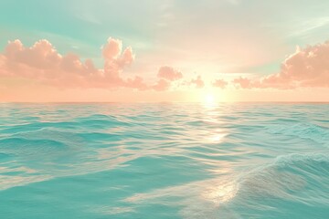 Naklejka premium Tranquil ocean sunset with gentle waves and soft peach clouds reflecting sunlight