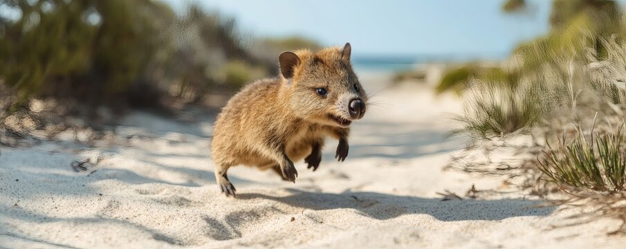 A small furry creature is seen running on a sandy path - Powered by Adobe