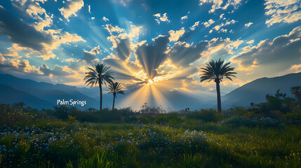 Sunbeams Through Palm Trees: A breathtaking vista of sunbeams piercing through clouds, illuminating palm trees standing tall against a backdrop of rolling hills and a vibrant blue sky.