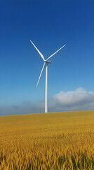 White Wind Turbine Stands Tall in Golden Wheat Field Under a Clear Blue Sky