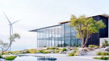 Obraz premium Modern Sustainable Architecture with Glass Facade, Lush Landscape, Wind Turbine, and Serene Water Features in Outdoor Environment