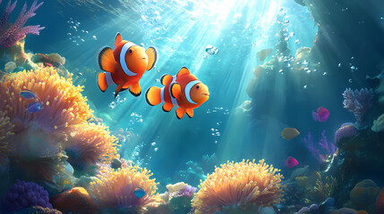 Fototapeta premium Clownfish Underwater Oasis: Two vibrant clownfish dart through a thriving coral reef, kissed by sunlit waters, showcasing the mesmerizing beauty of aquatic life.