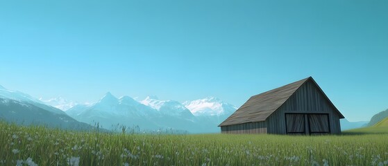 Fototapeta premium Picturesque Wooden Barn with Pitched Roof Standing in a Grassy Field with a Backdrop of Snow capped Mountains under a Clear Blue Sky Featuring Contemporary Cinematic Lighting
