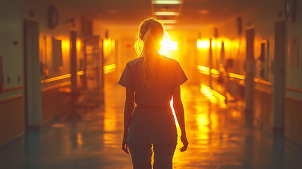 Silhouette of a healthcare worker walking down a brightly lit hospital corridor conveying hope and healing in the medical profession