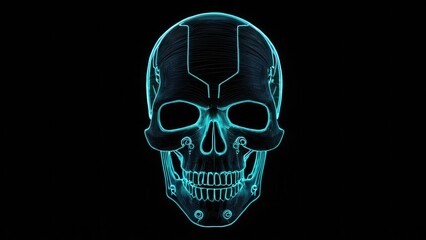  a futuristic representation of a skull illuminated by neon blue lines