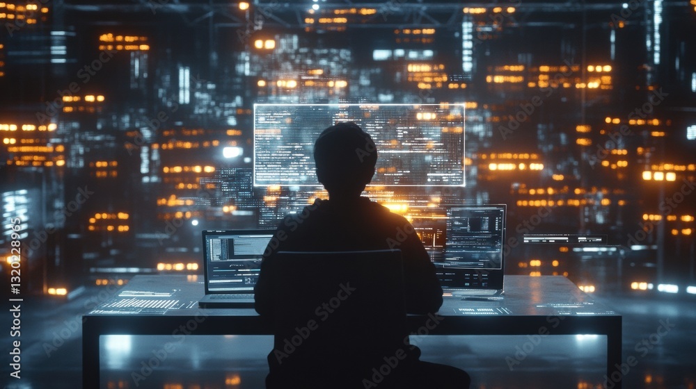 Fototapete Student engages in virtual learning with AI assistance, utilizing advanced technology in a modern environment designed for education