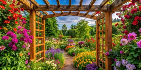 Vibrant garden bursting with colorful flowers and lush greenery in a wooden trellis frame with vines , flowers, vibrant