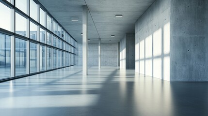 Obraz premium Modern concrete hall with glowing windows, embodying simplicity and clean minimalism in architectural design. 