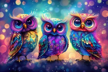 Obraz premium Three Colorful Owl Birds With Large Eyes Against Sparkly Background