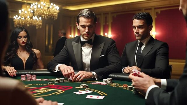 Elegant gamblers engaging in a high-stakes poker game at a luxurious casino table - Powered by Adobe