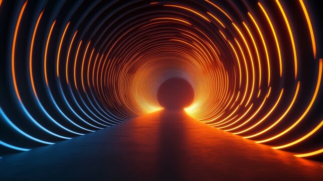 A futuristic tunnel composed of illuminated orange and blue rings