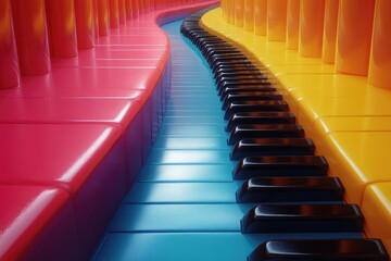 Abstract composition featuring a multicolored piano keyboard design element