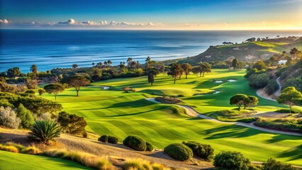 Fototapeta premium Rolling hills and fairways of a golf course with a stunning panoramic ocean view in La Jolla, California , Panoramic View, Golf Course