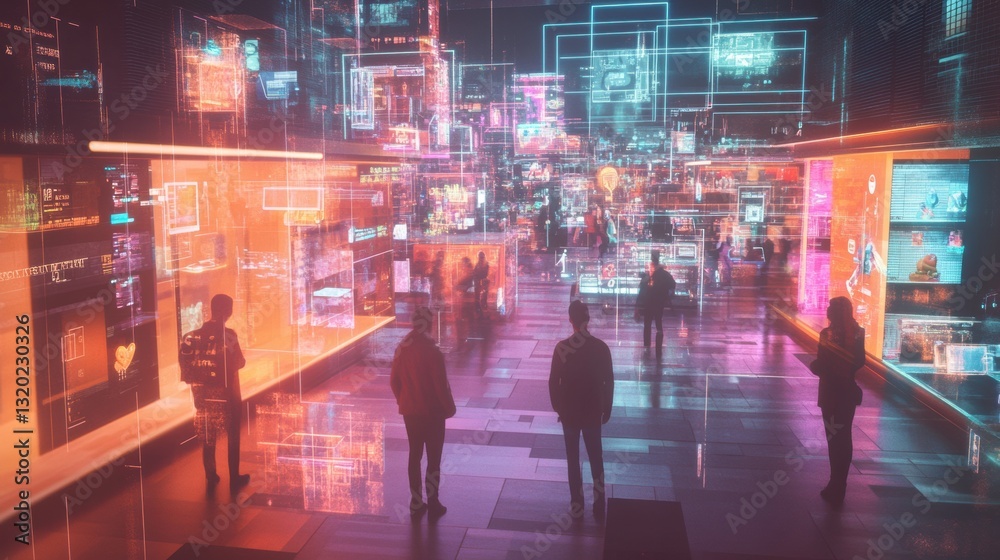 Aufkleber digital marketplace bustling with avatars exploring virtual shops and products in a vibrant online w