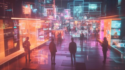 Fototapeta premium Digital marketplace bustling with avatars exploring virtual shops and products in a vibrant online world