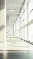 Obraz premium Modern concrete hall with glowing windows, embodying simplicity and clean minimalism in architectural design. 