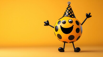 Cheerful Yellow Ball Character in Party Hat with Black Dots and Smiling Face on Vibrant Orange Background for Celebration Theme