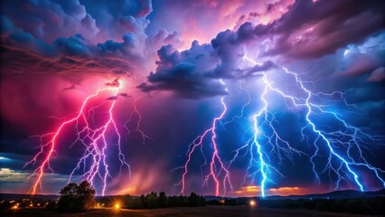 Fototapeta premium Ethereal pink and blue lightning bolts strike a darkened evening sky, creating a mesmerizing display of colorful electricity , atmospheric phenomenon, cosmos