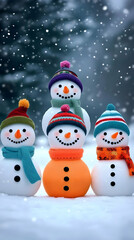 Adorable Snowman Family Posing in Snowy Winter Wonderland, Wearing Colorful Hats and Scarves, During a Gentle Snowfall