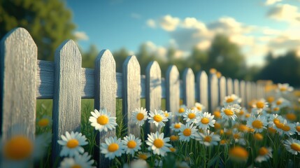Obraz premium White picket fence and daisies create a pleasant sunny landscape scene