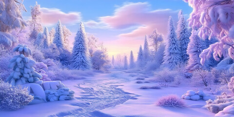 Digital Painting of a Snow-Covered Winter Forest Path at Sunrise, with Purple Hues and Soft Light, Illustrating a Serene and Magical Winter Wonderland Scene.